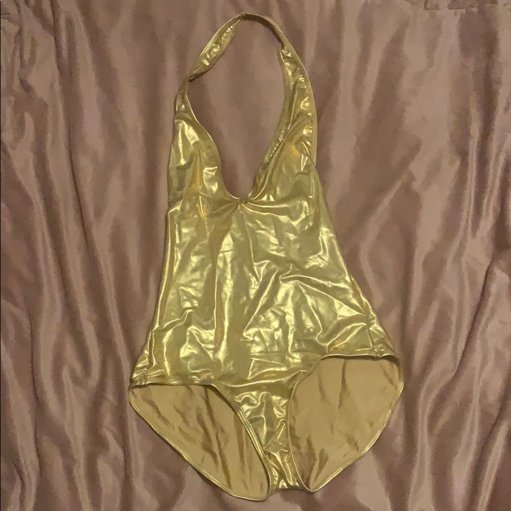 American Apparel Gold Metallic Halter Bodysuit